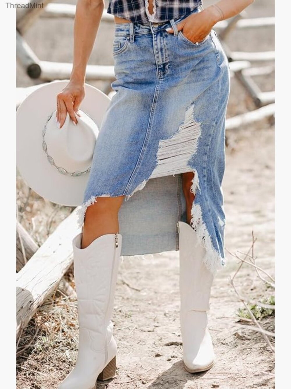 Ripped Distressed High Waist Denim Skirt Y2k Stretch Midi Skort - Picture 2 of 7